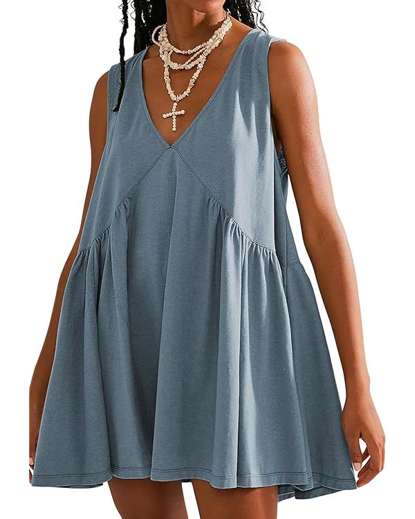 Qiaomai Womens Summer Casual Sleeveless Tank Dress V Neck Mini Dresses Beach Sundress | Amazon (US)