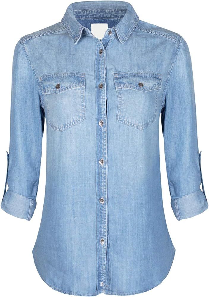 Amazon.com: Design by Olivia Women's Classic Long/Roll Up Sleeve Button Down Denim Chambray Shirt... | Amazon (US)