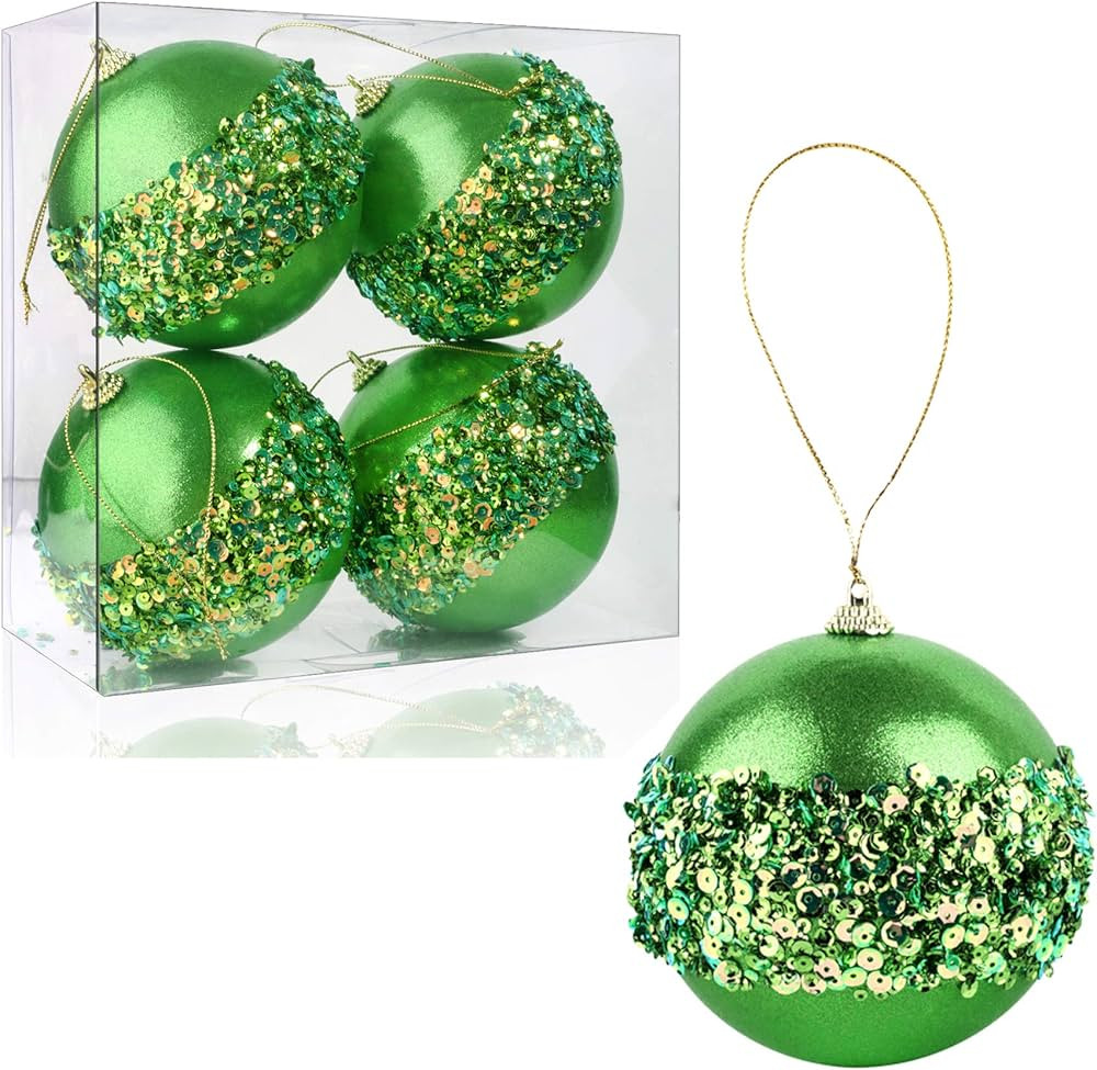 4" Christmas Ball Ornaments, 4pc Set Green Shatterproof Christmas Decorations Tree Balls for Xmas Tr | Amazon (US)