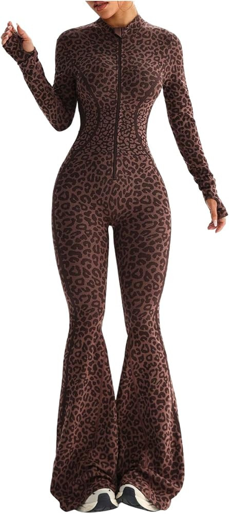 BEAUDRM Women's Cheetah Long Sleeve Workout Jumpsuit Leopard Yoga Workout Set Mock Neck Flare Leg... | Amazon (US)