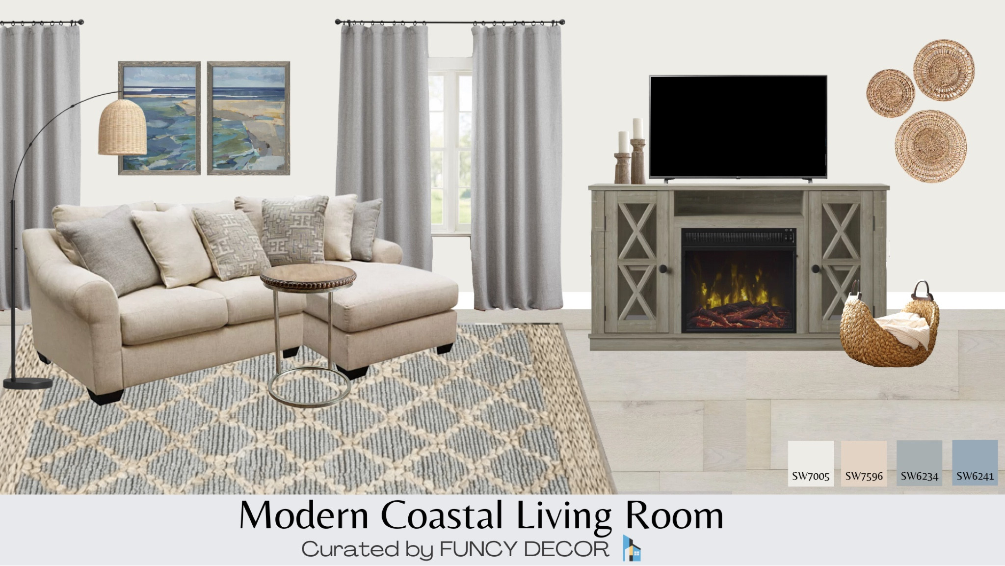 This Modern Coastal living room is cozy with hues of grays, blues, and sandy rug and wall accents.  Pieces are curated from Ashley Furniture, Wayfair, and Kirklands Home.

#LTKstyletip #LTKhome #LTKFind