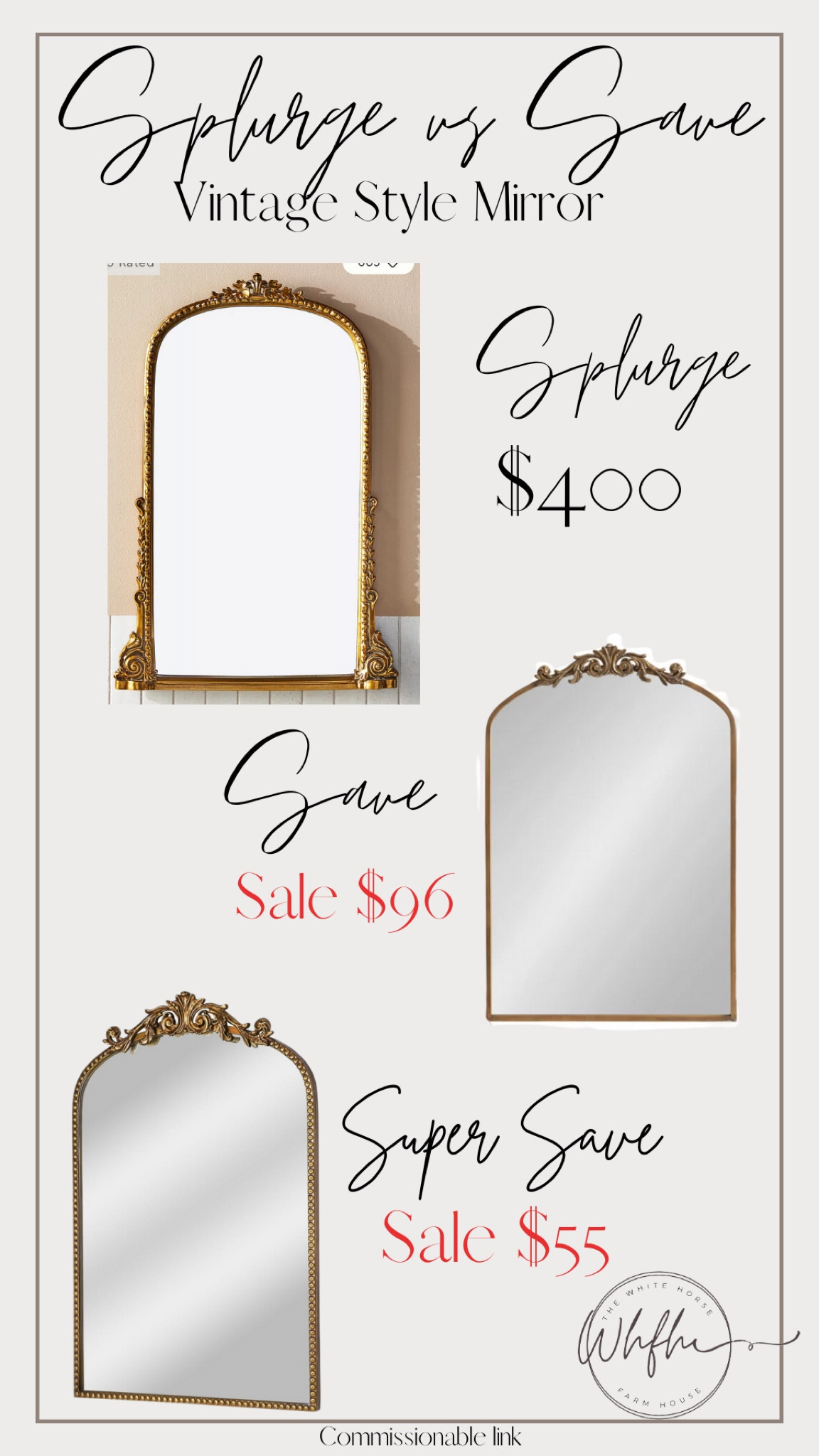 🚨Sale Alert 🚨 Splurge vs Save vs Super Save! 

Would you splurge on the original vintage style mirror? Or get the look for less? 

#splurgevssave #mirror #vintagemirror #archedmirror #home #homedecor

#LTKhome #LTKsalealert #LTKover40