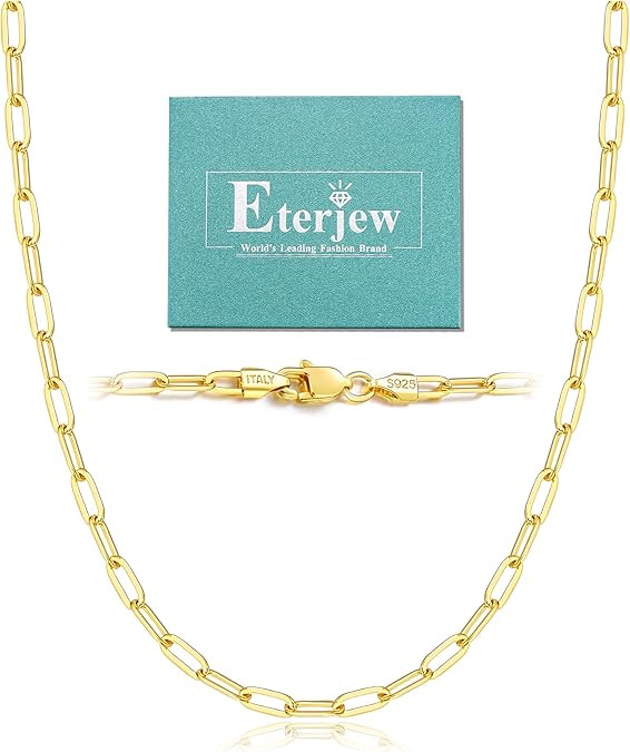 Italy Solid 18K Gold Over 925 Sterling Silver Paperclip Chain Necklace for Women, 3/4mm Women's C... | Amazon (US)
