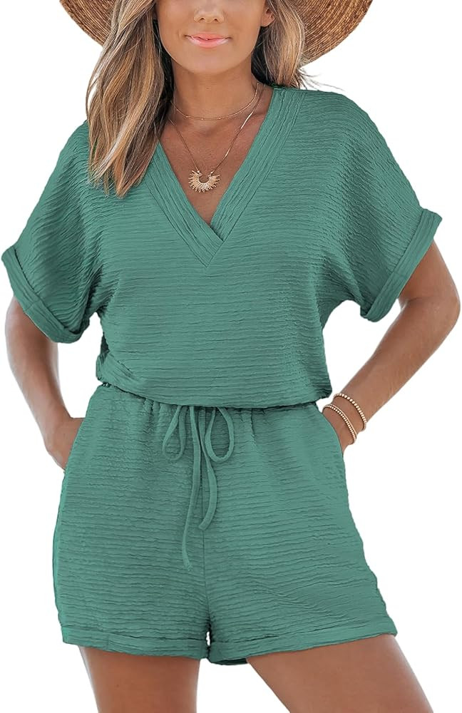 CUPSHE Women's Romper Knit V Neck Short Sleeves Drawstring Waist Straight leg Outfit Casual Dress... | Amazon (US)