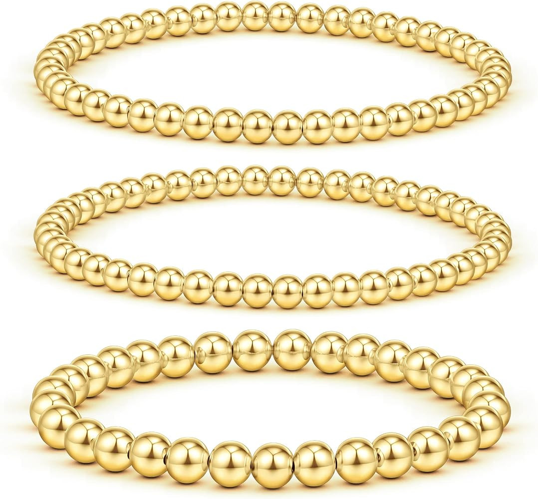 Gold Beaded Stackable Bracelets for Women 14K Gold Plated Bead Ball Bracelet Stretch Handmade Cut... | Amazon (US)