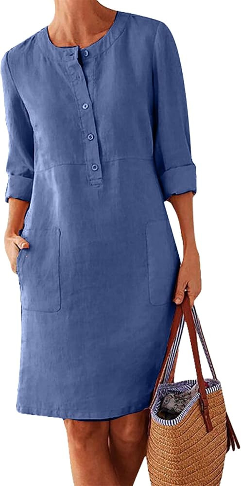 BOFETA Women Plus Size Cotton Linen Button Dress Casual Long Sleeve Dresses Loose Pockets Mini Dr... | Amazon (US)