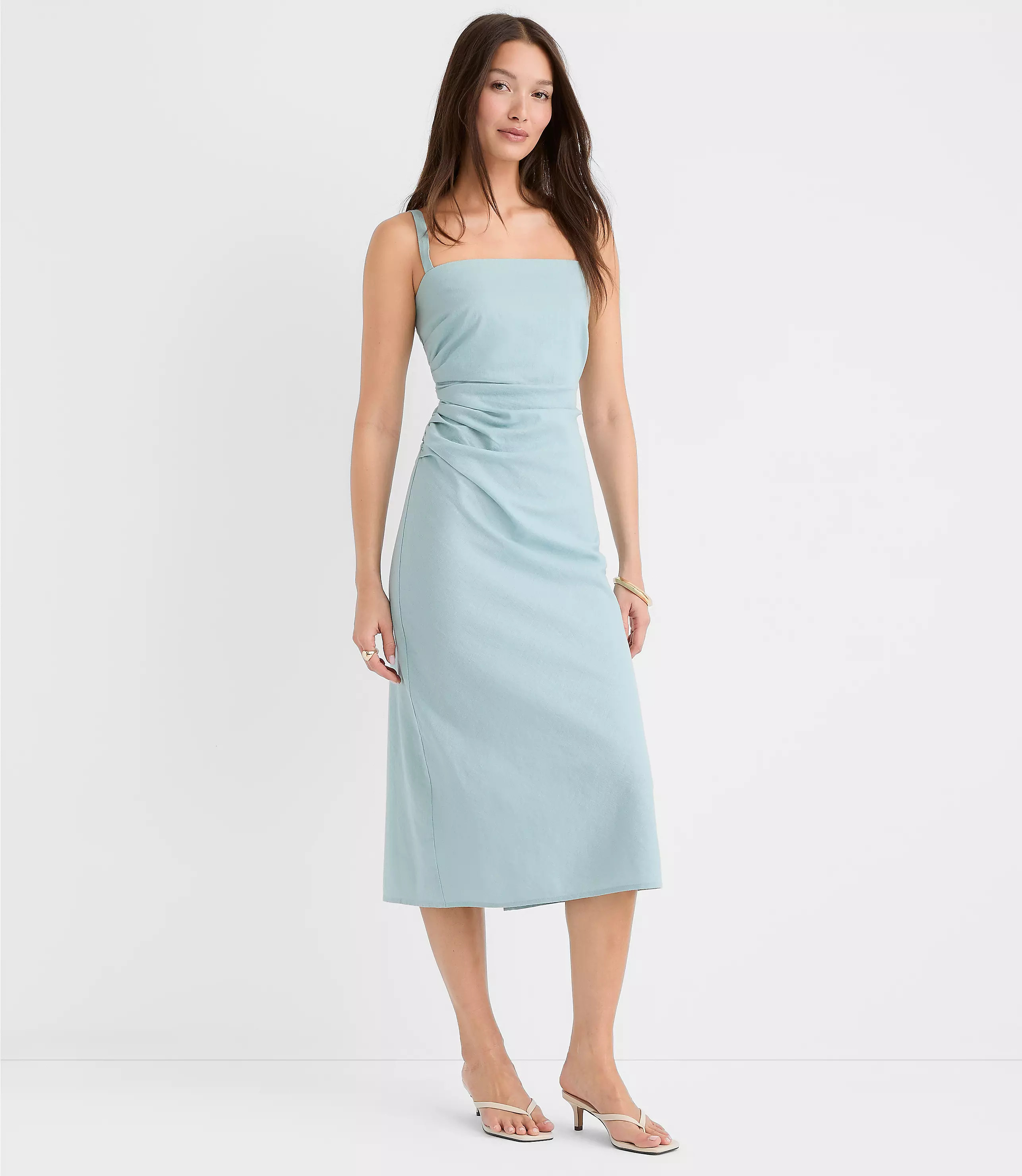 Linen Cotton Ruched Strappy Midi Dress | LOFT