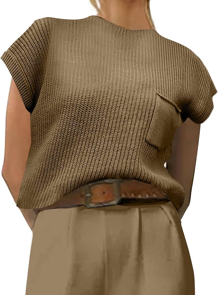 Women Sleeveless Mock Neck Sweater Vest Cap Sleeve Knit Trendy Casual Pullover Tank Top 2024 Summ... | Amazon (US)