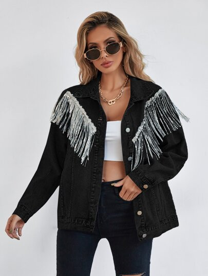 Drop Shoulder Sequin Fringe Detail Contrast Stitch Denim Jacket | SHEIN