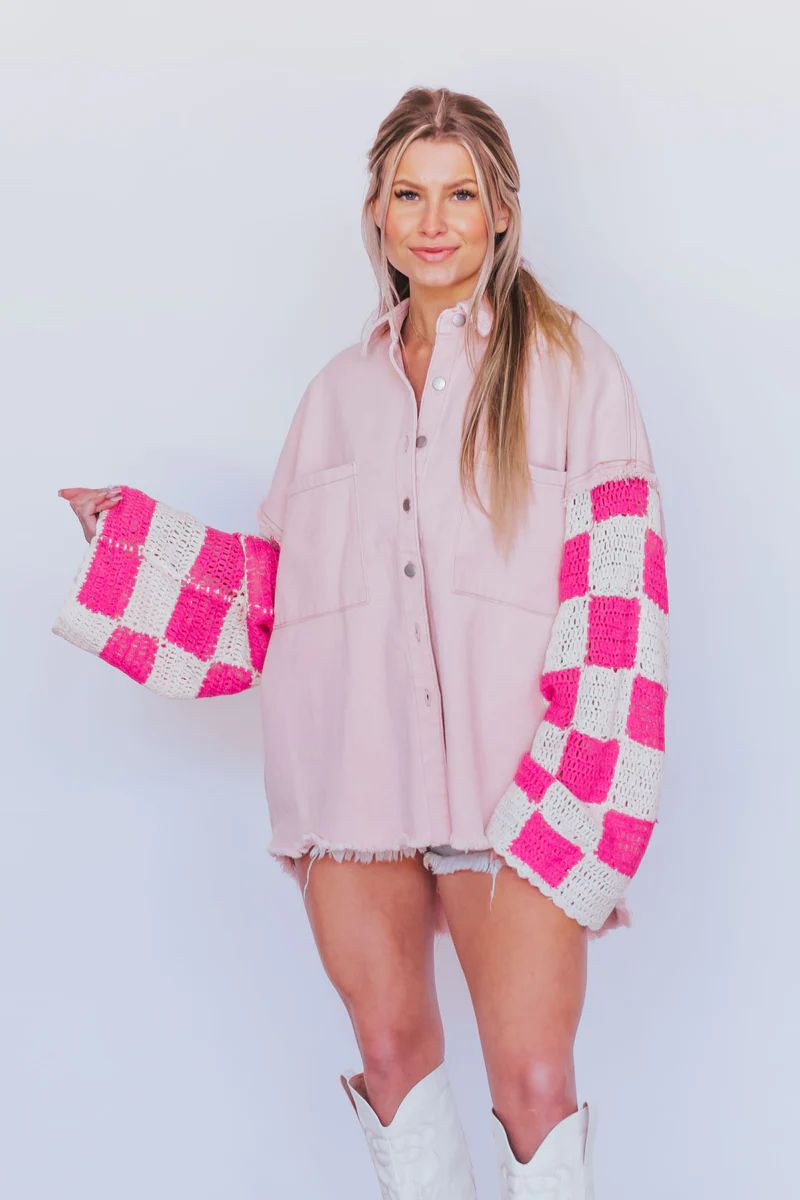 Sweet Spirit Dusty Rose Shacket with Checkered Crochet Sleeves | Apricot Lane Boutique