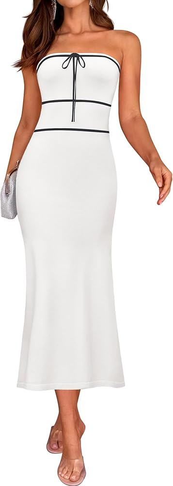 ZESICA Women's Summer Strapless Bodycon Midi Dress 2025 Off Shoulder Ribbed Knit Cocktail Party L... | Amazon (US)