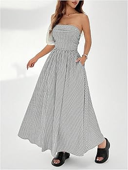 Milumia Women's Striped Strapless Maxi Dress Flared Tube Top Long Dresses with Pocket | Amazon (US)