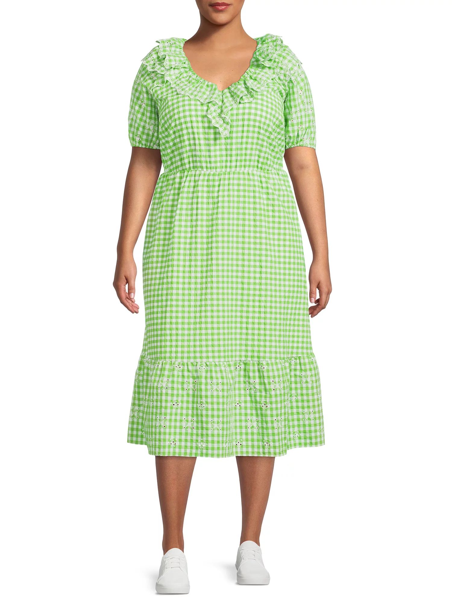 The Get Women's Plus Size Eyelet Ruffle Midi Dress with Short Sleeves - Walmart.com | Walmart (US)