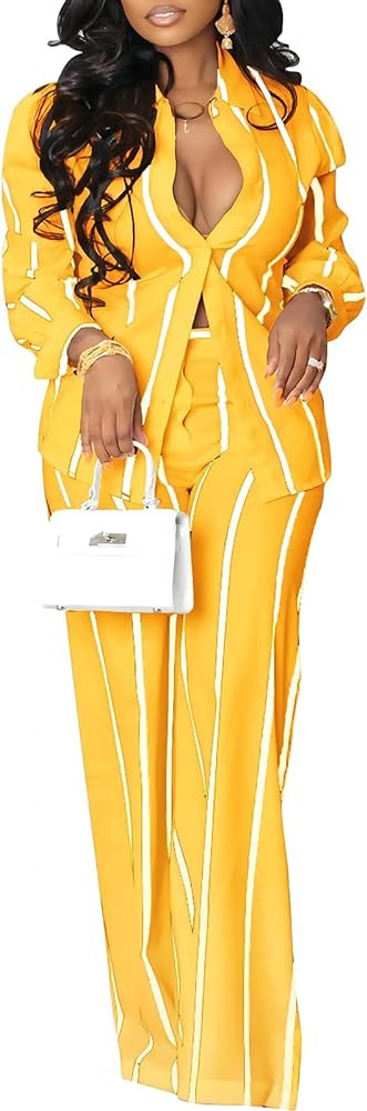Remelon Women's Casual Two Piece Outfits Striped Long Sleeve Collar Button Down Shirt Blouse High... | Amazon (US)