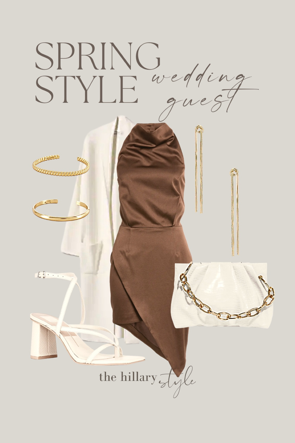 Spring Style Edit: Wedding Guest Dress. Satin cocktail dress, sweater coat, gold accent clutch, neutral strappy heels, gold statement earrings, gold bracelets. Wedding guest dress, wedding guest outfit, spring dress

#LTKstyletip #LTKFind #LTKfit