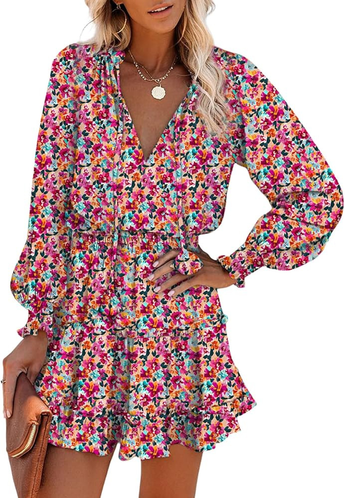Dokotoo Spring Dresses for 2025 Boho Floral Drawstring V Neck Smocked Long Sleeve Ruffle Tiered C... | Amazon (US)