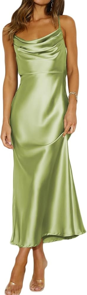 Summer Satin Spaghetti Strap Cowl Neck Backless Midi Dresses for Women Elegant Tie Low Back Ruche... | Amazon (US)