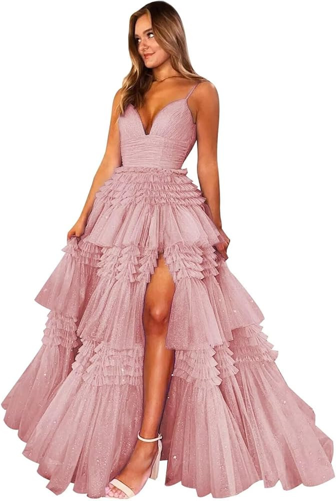 Tiered Glitter Tulle Prom Dresses for Women Princess Ball Gown Long Formal Evening Dress with Sli... | Amazon (US)