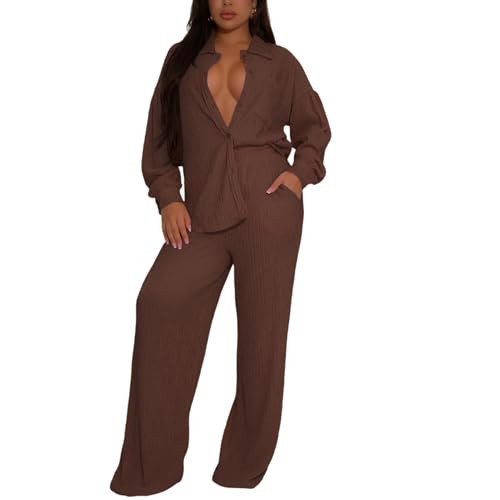 Elainone Women's 2 Piece Outfits Button-Down Shirt Long Sleeve and Flare Pleated Wide Leg Pant Se... | Amazon (US)