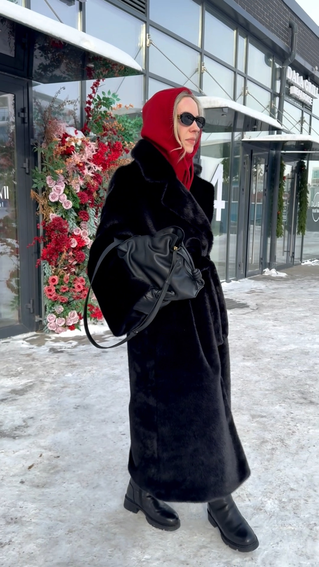 Black faux fur coat, shearling coat, red balaclava, black leggings winter outfit, lug sole boots, Loewe Flamenco pouch handbag

#LTKootd #LTKSeasonal #LTKOver40
