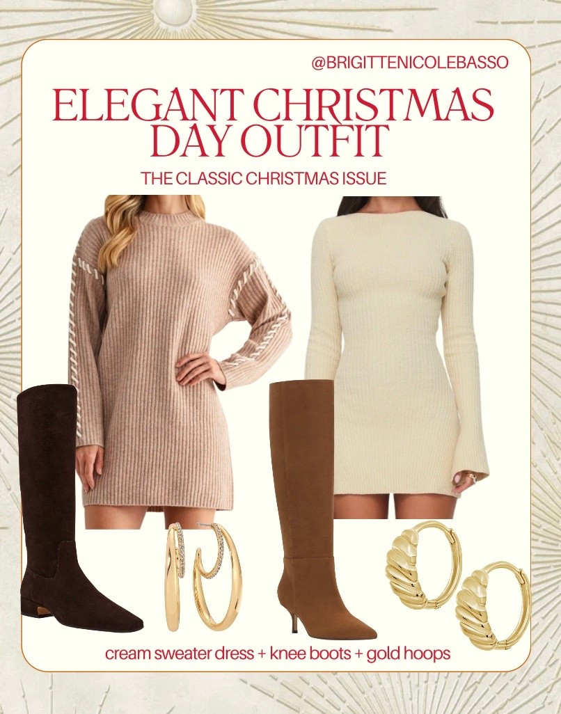 Elegant, timeless, and perfect for Christmas Day. This cream sweater dress paired with knee boots and gold hoop earrings is my go-to for a classic, polished holiday look. Soft knits, warm neutrals, and elevated accessories — this is the outfit formula I wear when I want to feel cozy but still put together. cream sweater dress
sweater dress outfit
Christmas Day outfit
classic Christmas outfit
holiday sweater dress
winter dress outfit
knee boots outfit
knee high boots winter outfit
gold hoop earrings
neutral holiday outfit
elegant winter outfit
Christmas family outfit
cozy Christmas outfit
feminine winter outfit


#LTKootd #LTKHoliday #LTKSeasonal
