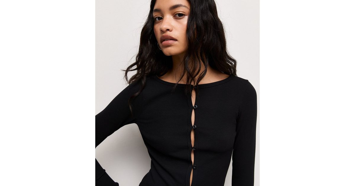 Women's Black Cotton Rich Button Through Long Sleeve Top New Look | New Look (UK)