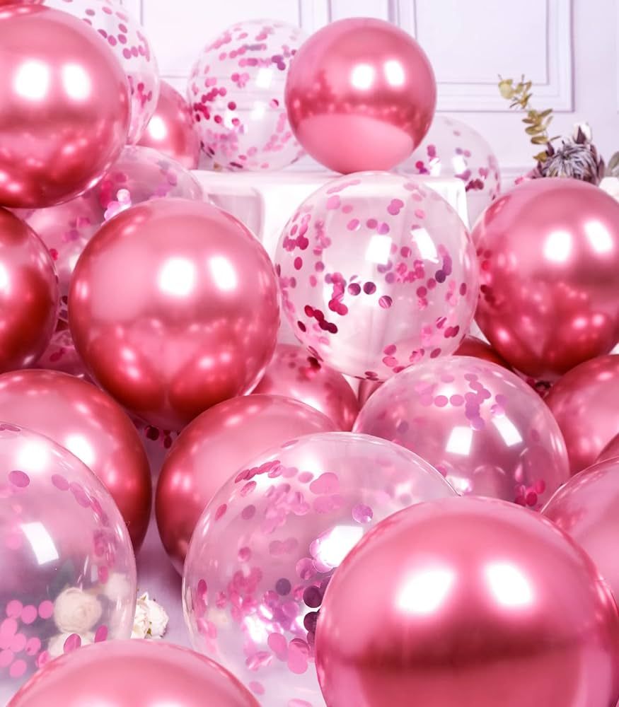 SUWEN Metallic Hot Pink Balloons and Confetti Balloons Set 47PCS Latex Helium Chrome Magenta Ball... | Amazon (US)