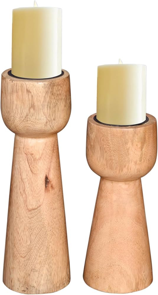 Perilla Home Wooden Pillar Candle Holders Set of 2 - Home Decor Candle Holder Centerpiece - for, ... | Amazon (US)