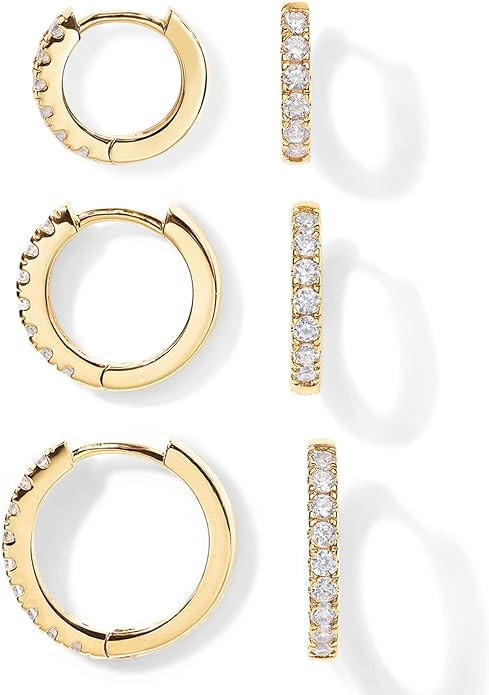 PAVOI 18K Gold Plated 925 Sterling Silver Posts 3 Pairs Hoop Earrings Set for Women | Huggie Earr... | Amazon (US)