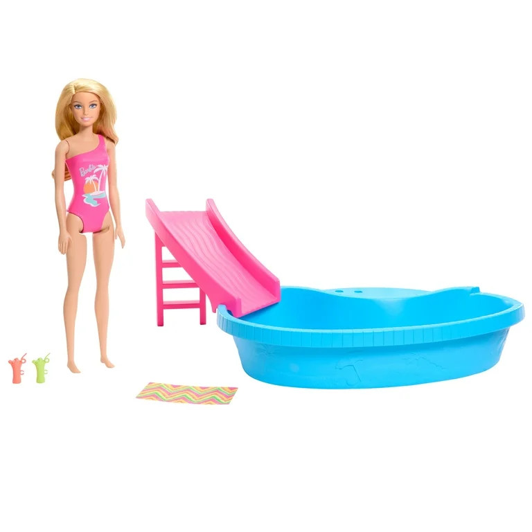 Barbie Doll and Pool Playset, Blonde with Pool, Slide, Towel and Drink Accessories, Multicolor | Walmart (US)