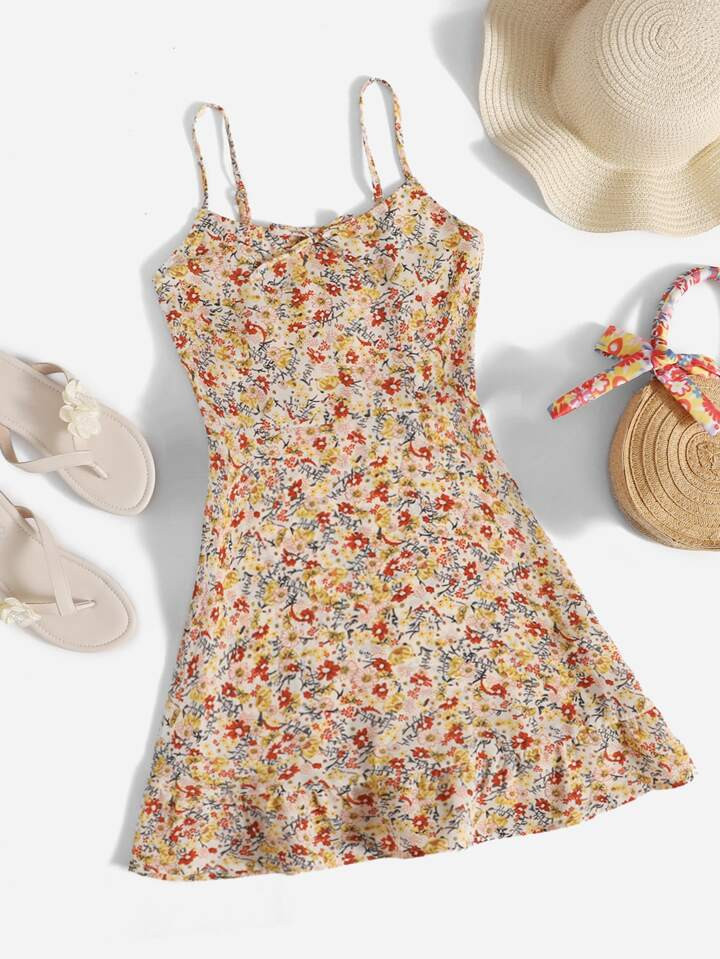 SHEIN Tween Girl Floral Print Tie Front Ruffle Hem Cami Dress | SHEIN USA | SHEIN