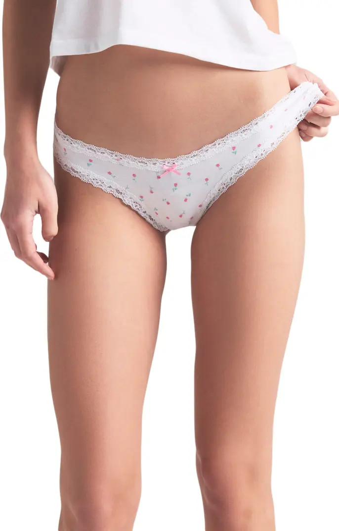 SKIMS Lightweight Cotton Lace Trim Thong | Nordstrom | Nordstrom