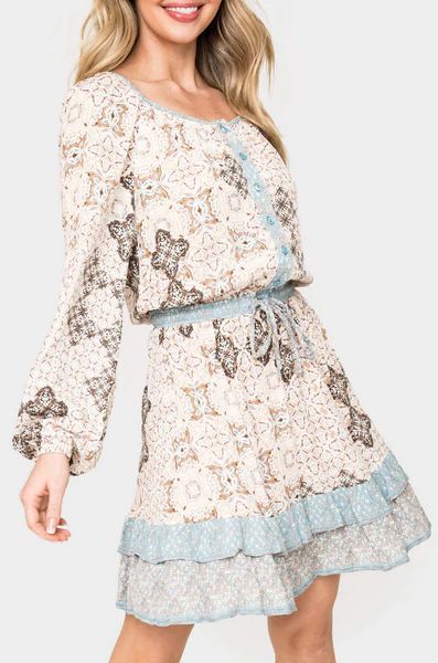 Boho Mixed Print Drawstring Ruffle Dress | Gibson