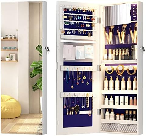 Vlsrka 3 LED Lights Jewelry Cabinet with Full-Length Mirror, Door Hanging/Wall Mounted Jewelry Armoi | Amazon (US)
