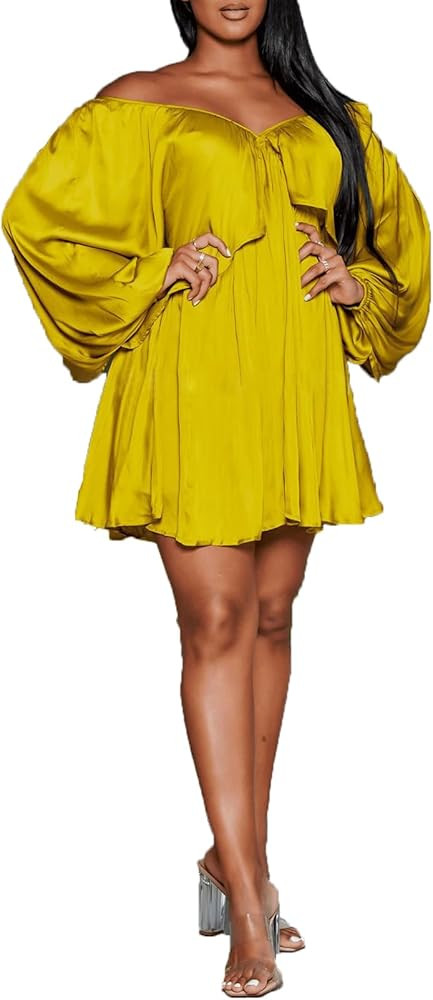 KELYWELL Womens Sexy Satin Off Shoulder Short Dress Lantern Long Sleeve Tie Knot Party Mini Dress... | Amazon (US)
