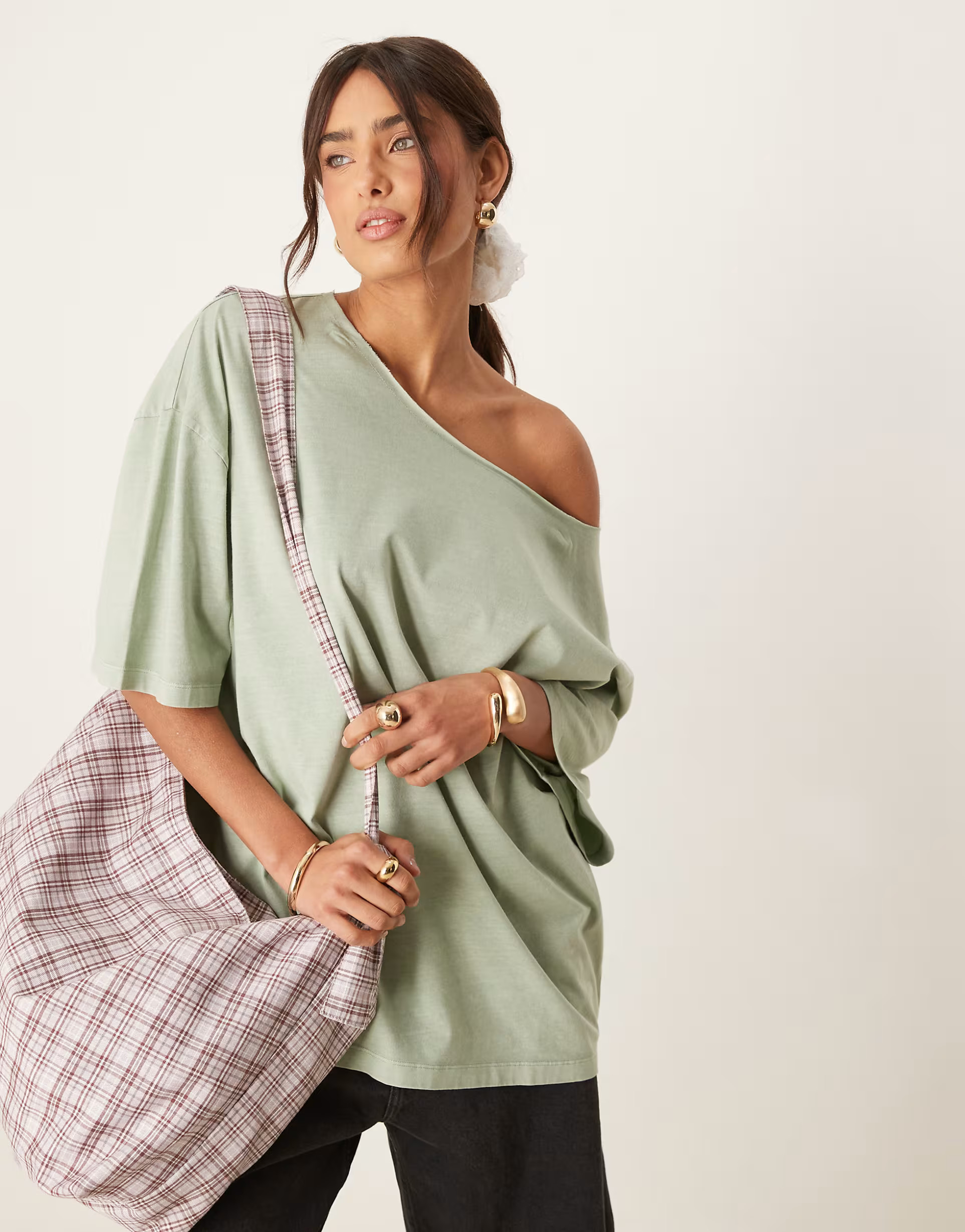 ASOS DESIGN slouchy off shoulder oversized tee in washed sage | ASOS | ASOS (Global)