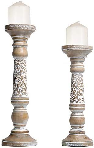 NIKKY HOME Farmhouse Candle Holder Set of 2 - Decorative Wood Pillar Candle Stand, Mantle Home De... | Amazon (US)