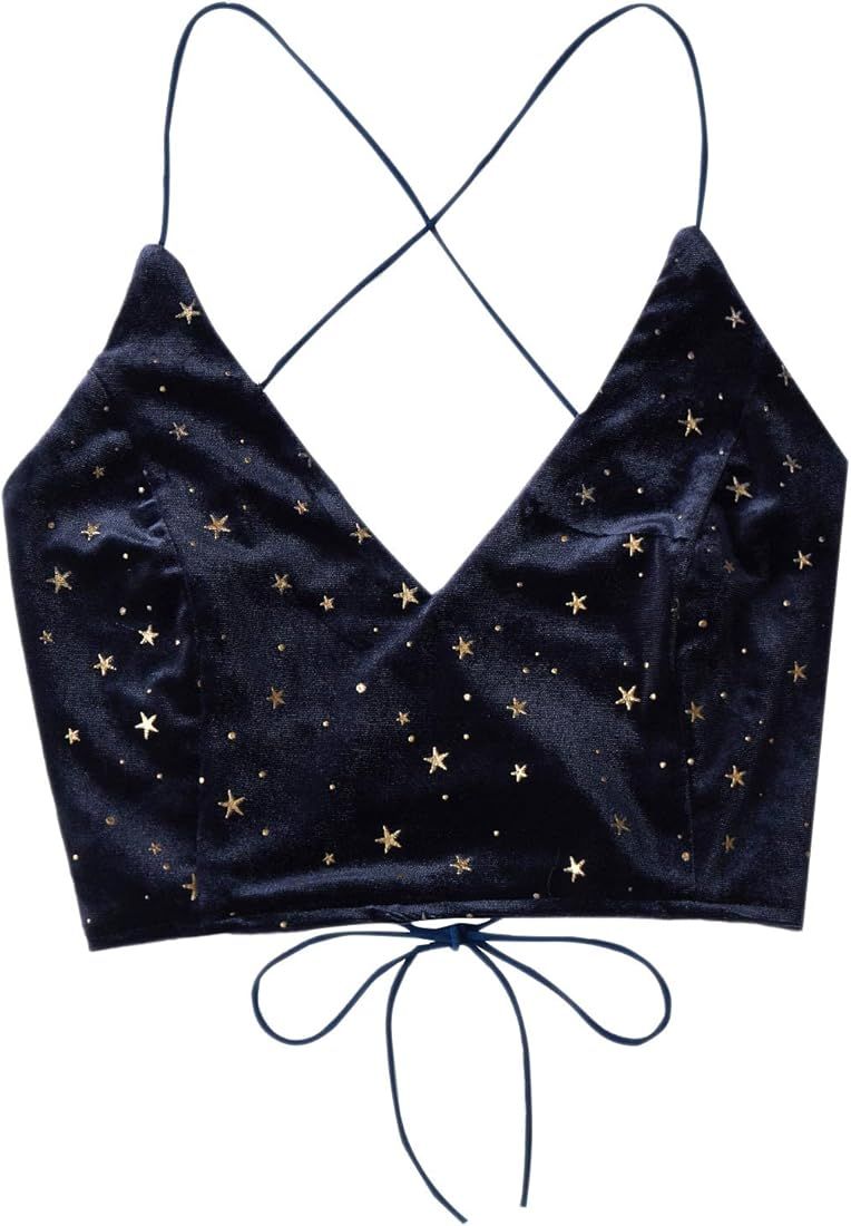 Verdusa Women's Velvet Galaxy Print Crisscross Back Spaghetti Strap Crop Cami Top | Amazon (US)