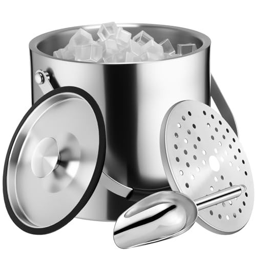 meekoo 4 L Double Wall Insulated Stainless Steel Ice Bucket with Lid, Scoop, Strainer, Handle Large Wine Ice Bucket Upgraded Cover Keep Frozen Longer for Cocktail Bar Parties(Silver) | Amazon (US)