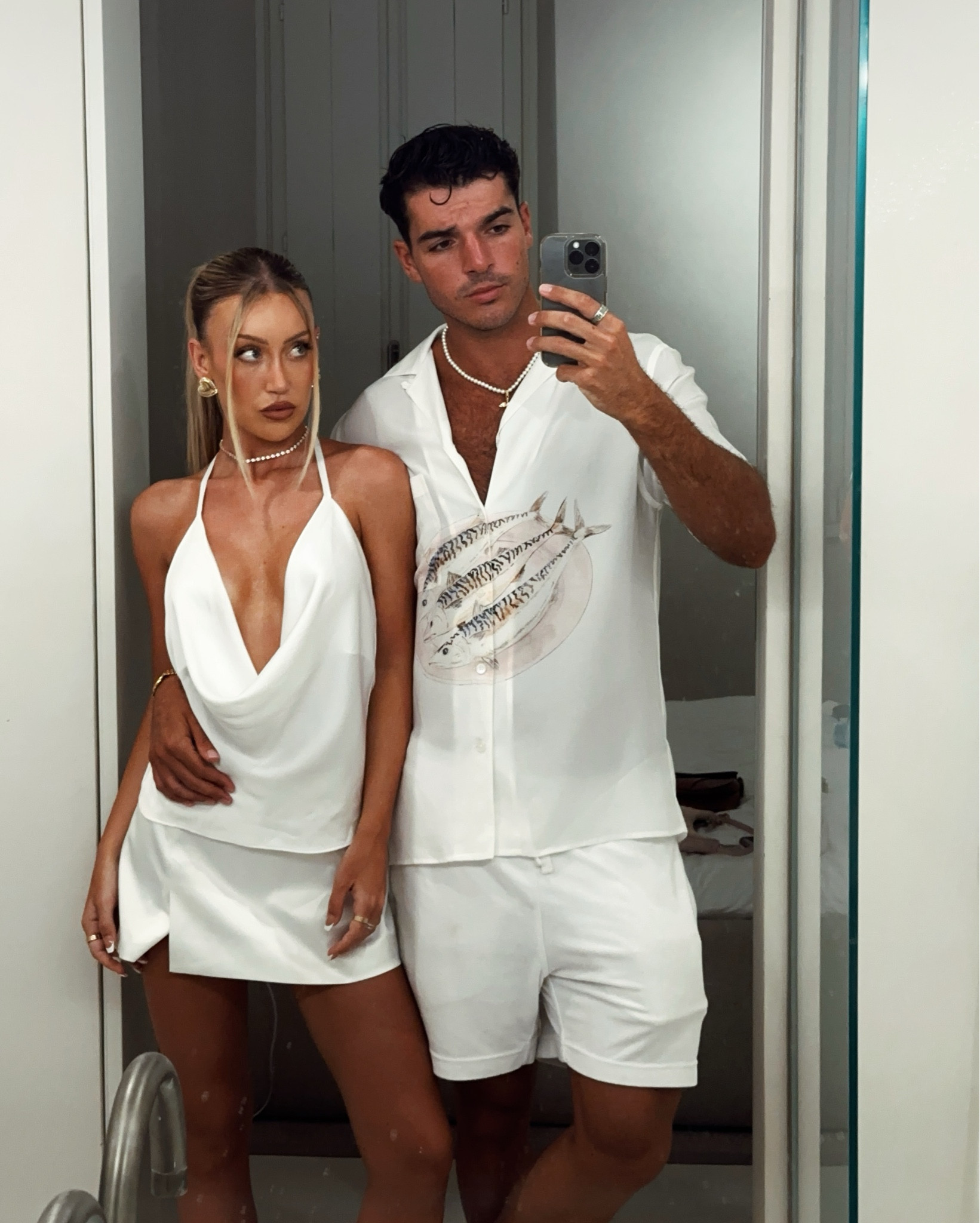 All white combo 🐟 so many people asking where this shirts from, pretty much everything I own is from venroy if you haven’t noticed already 😂 such a nice dressy silk shirt. Sasha’s in Sasha Therese and lookin perfect as always 🤍

#LTKstyletip