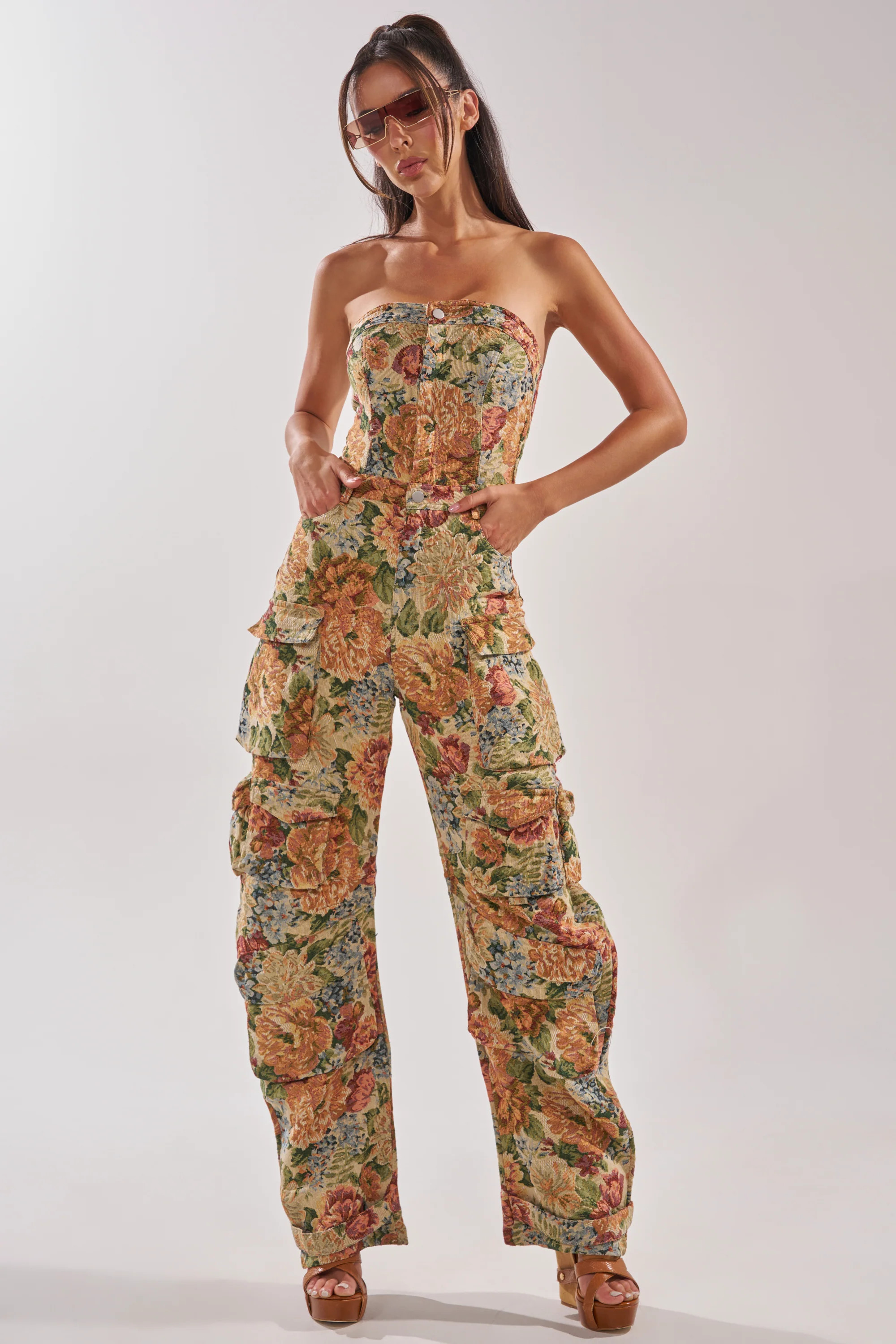 IN HER ELEMENT FLORAL WOVEN JUMPSUIT IN BROWN MULTI | AKIRA
