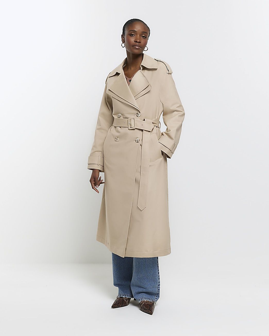 Beige Double Collar Belted Trench Coat | River Island (UK & IE)