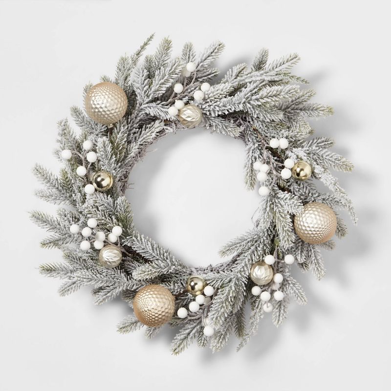 20&#34; Flocked Greenery Artificial Wreath with Gold Ornaments and White Berries - Wondershop&#84... | Target