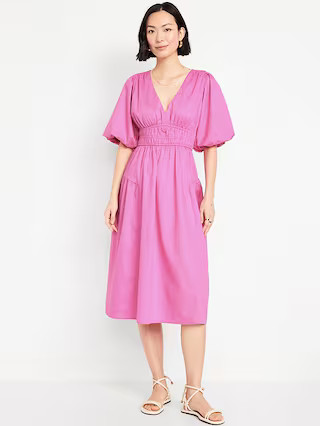 Waist-Defined Puff-Sleeve Midi Dress | Old Navy (US)
