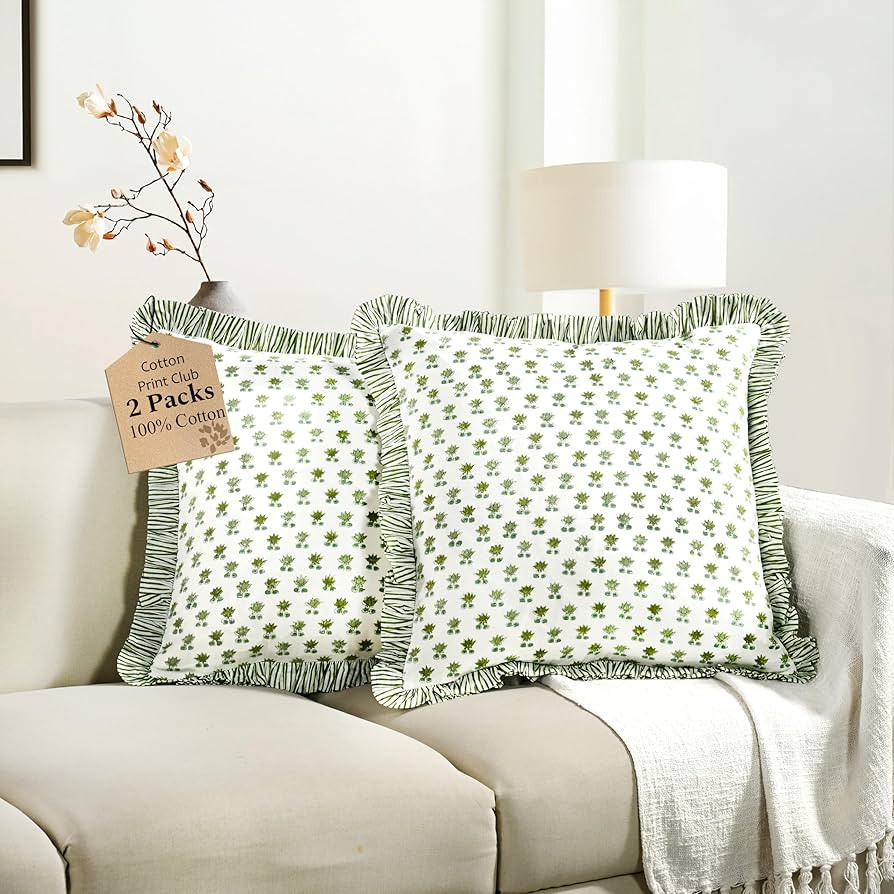 CPC Lotus Meadow Hand Block Print 100% Cotton Ruffle Throw Pillow Cover 18x18 inch with Hidden Zi... | Amazon (US)