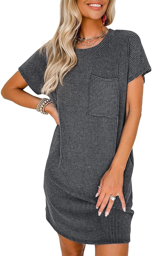 Acelitt Womens Casual Summer Crewneck Short Sleeve Ribbed Mini Tshirt Dress, XS-3XL | Amazon (US)