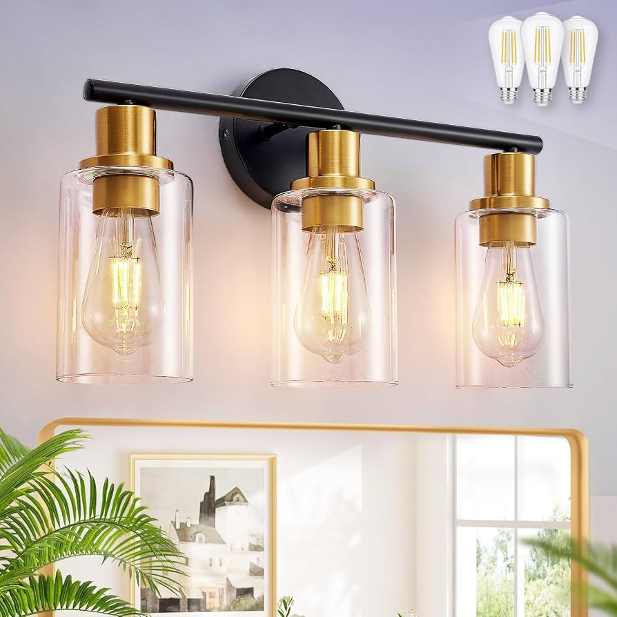 DLLT 3-Light Bathroom Light Fixtures: Black and Gold Modern Vanity Lights with 3 E26 Bulbs - Clea... | Amazon (CA)