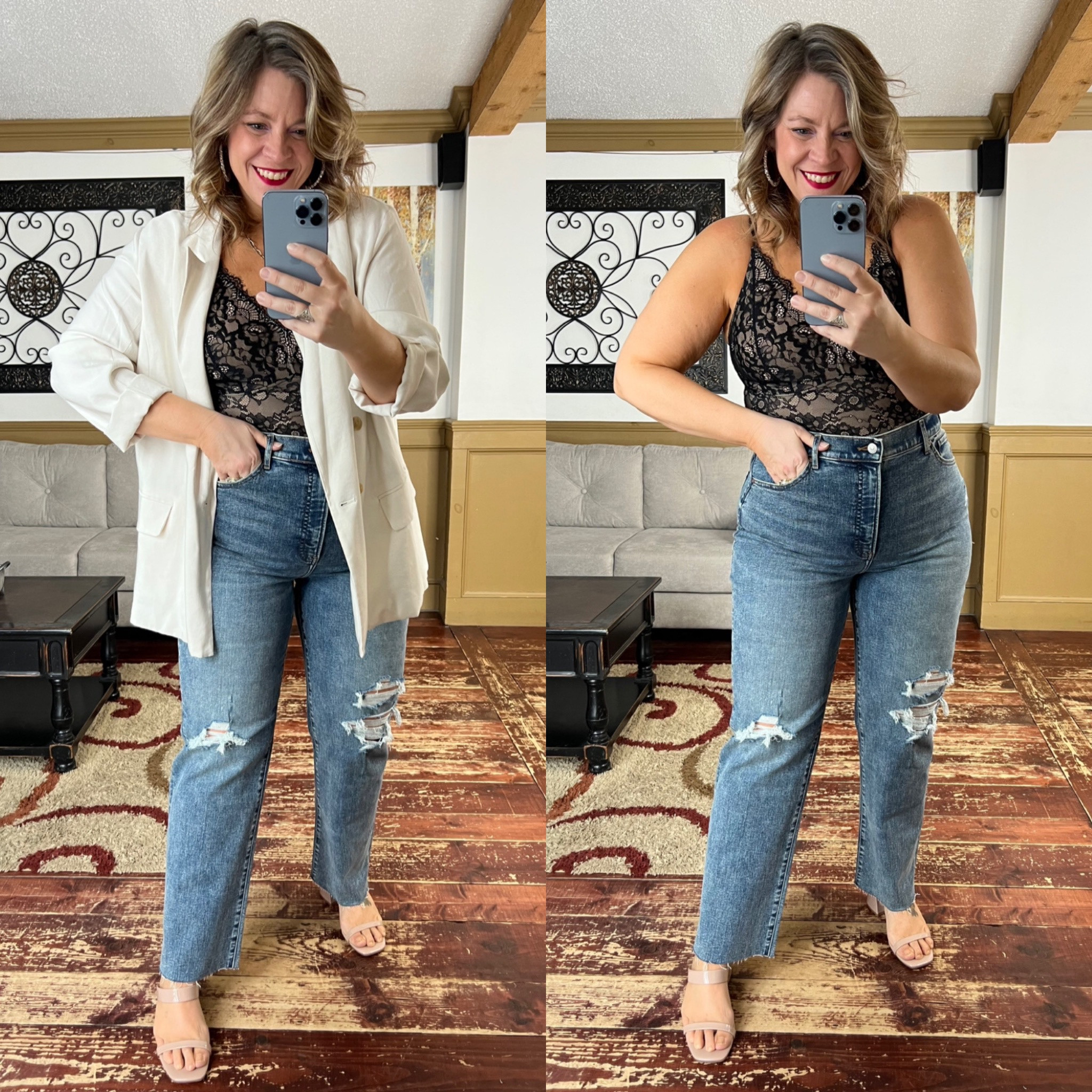 Lace shaping bodysuit (xl), blazer outfit, date night outfit, straight leg jeans (14), express jeans , boyfriend blazer (xl), distressed jeans

#LTKunder50 #LTKFind #LTKcurves