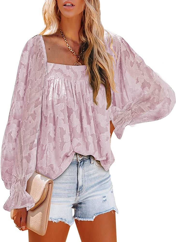 Dokotoo Womens Square Neck Babydoll Tops Long Lantern Sleeve Summer Lace Blouse Floral Textured Loos | Amazon (US)