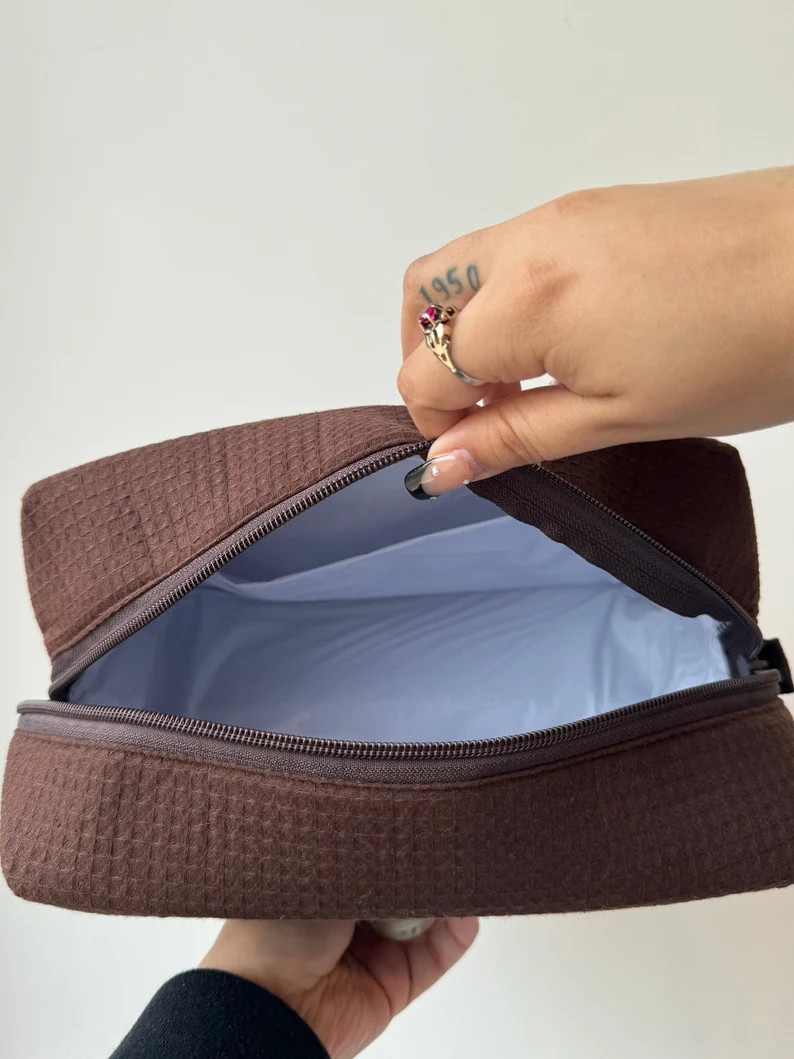 Custom Make up Bag - Chocolate Brown Make up Bag - Waffle Weave Cosmetic Bag - Etsy | Etsy (US)